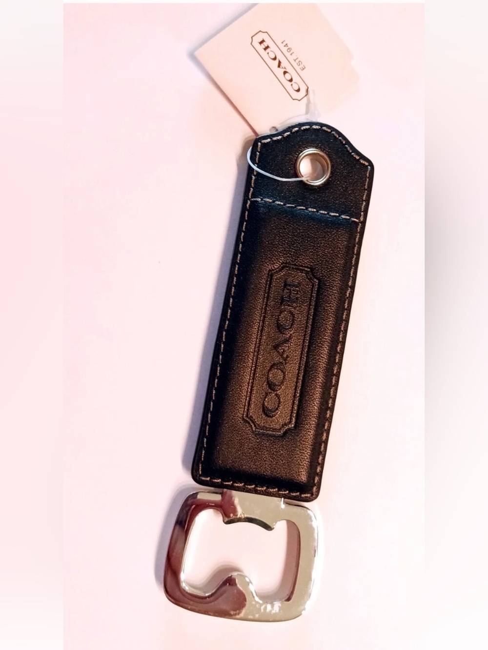 COACH Black Leather Keychain Bottle Opener with Silver Hardware-New with Tags